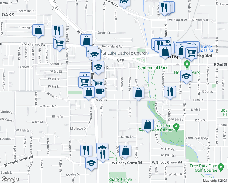 map of restaurants, bars, coffee shops, grocery stores, and more near 501 Marshall Court in Irving