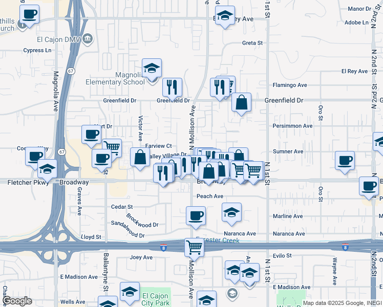 map of restaurants, bars, coffee shops, grocery stores, and more near 1029 North Mollison Avenue in El Cajon