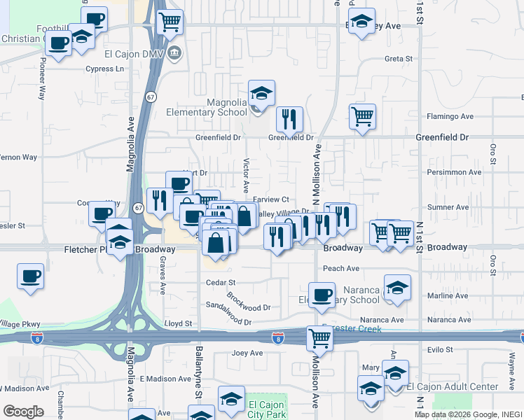 map of restaurants, bars, coffee shops, grocery stores, and more near 602 Valley Village Drive in El Cajon