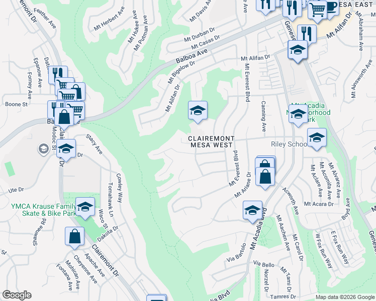 map of restaurants, bars, coffee shops, grocery stores, and more near 4862 Mount Almagosa Drive in San Diego