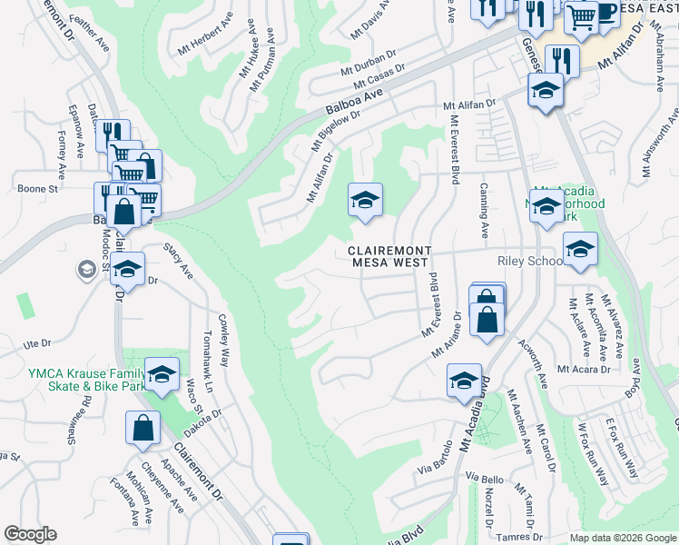 map of restaurants, bars, coffee shops, grocery stores, and more near 4852 Mount Almagosa Drive in San Diego