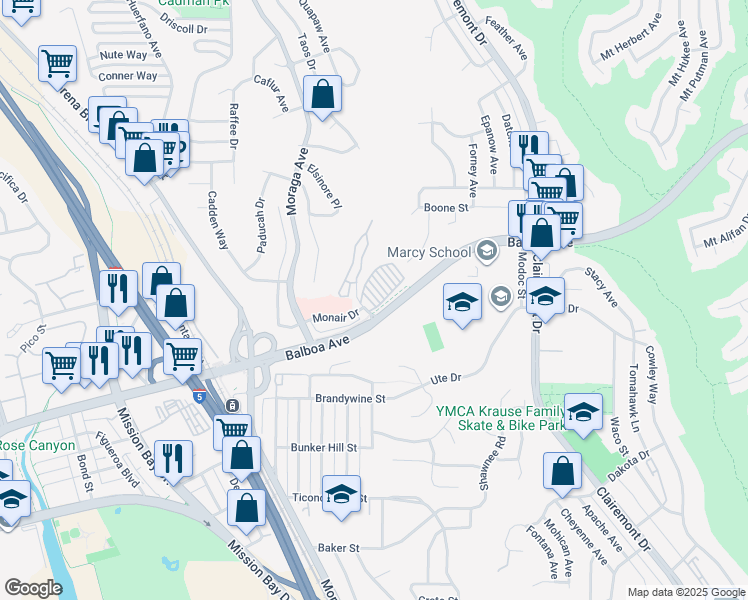 map of restaurants, bars, coffee shops, grocery stores, and more near 3636 Monair Drive in San Diego