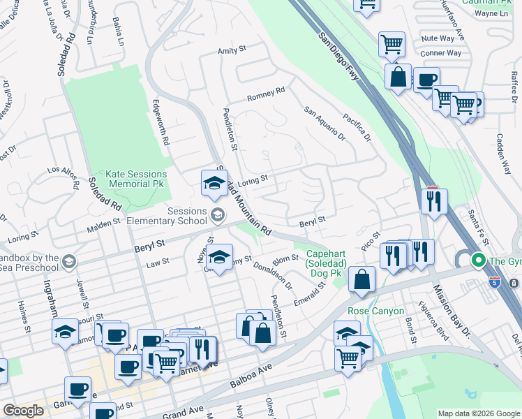map of restaurants, bars, coffee shops, grocery stores, and more near 2328 Geranium Street in San Diego