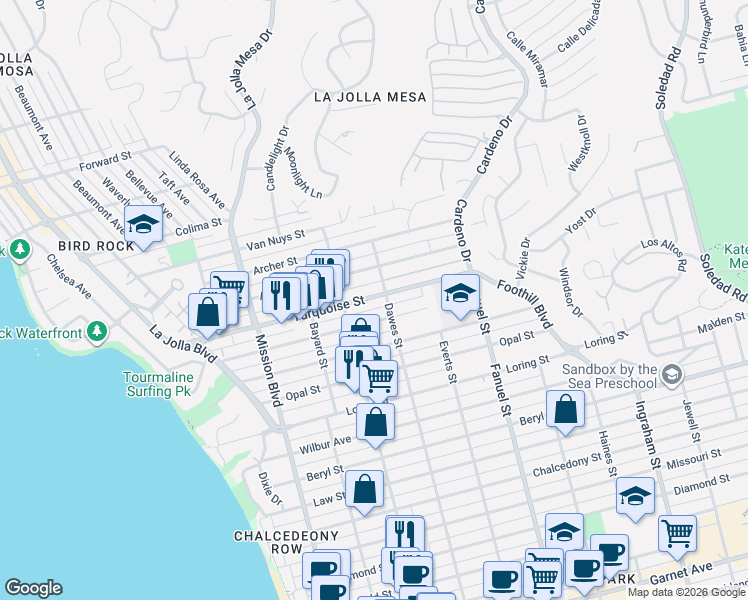 map of restaurants, bars, coffee shops, grocery stores, and more near 1103 Turquoise Street in San Diego