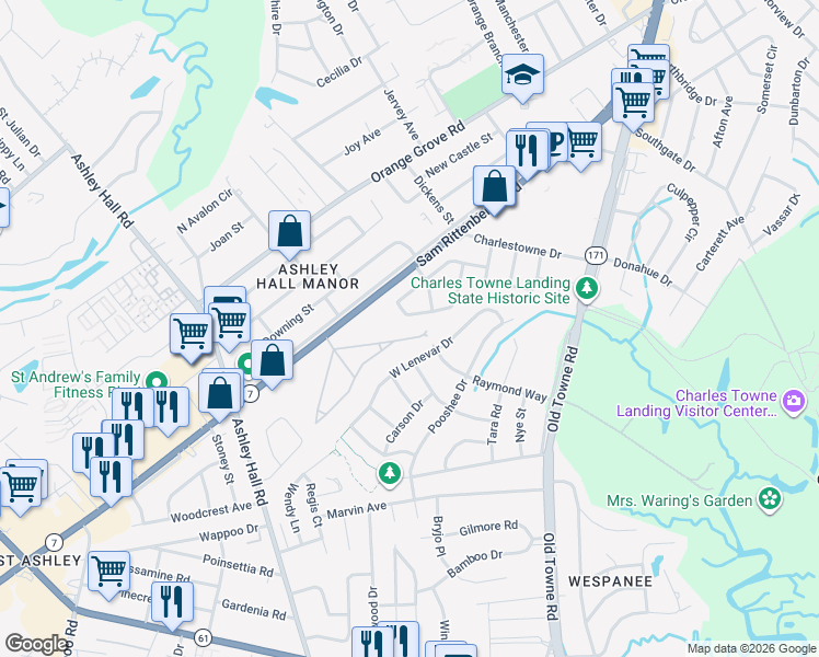 map of restaurants, bars, coffee shops, grocery stores, and more near 1358d Trailmore Drive in Charleston