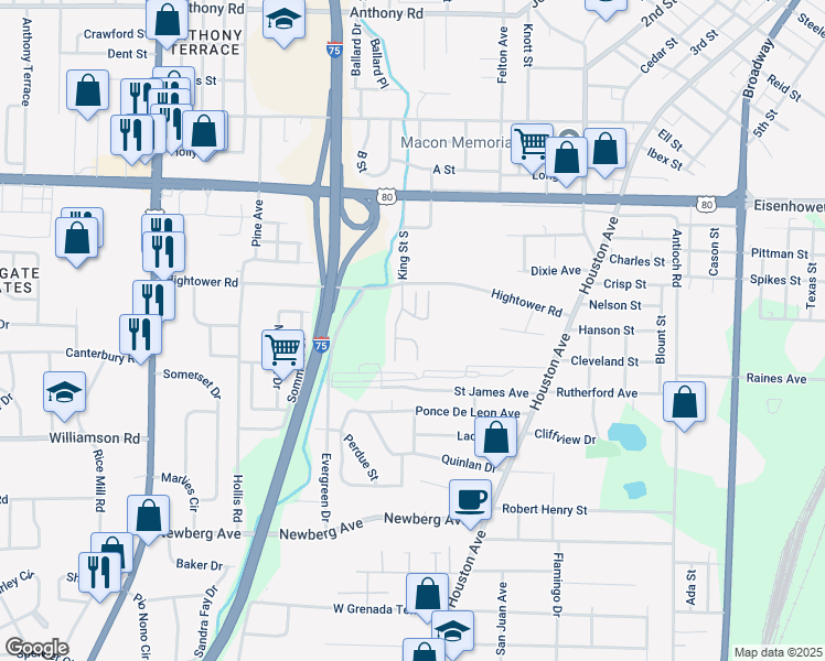 map of restaurants, bars, coffee shops, grocery stores, and more near King Street South in Macon