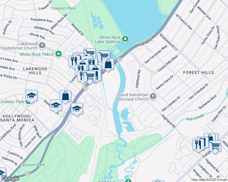 map of restaurants, bars, coffee shops, grocery stores, and more near 7700 Garland Road in Dallas