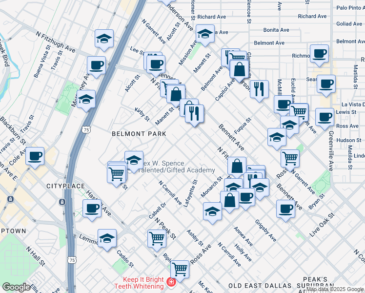 map of restaurants, bars, coffee shops, grocery stores, and more near 2324 Kirby Street in Dallas
