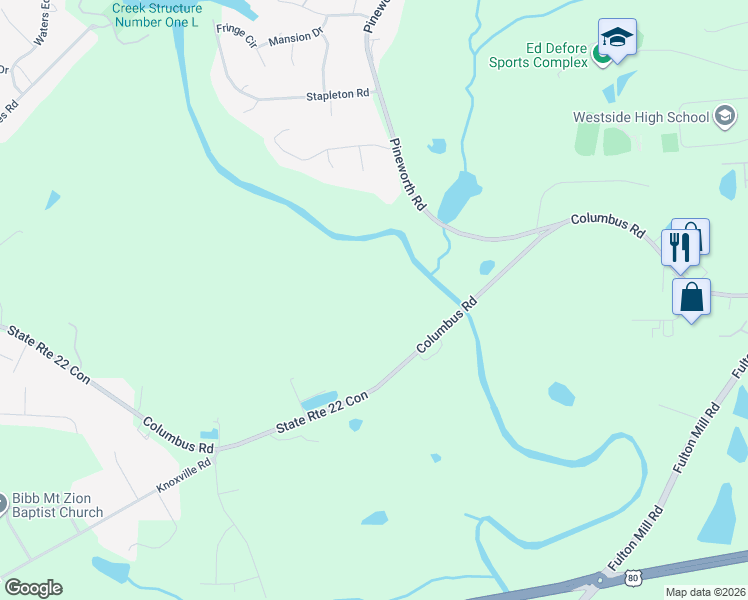 map of restaurants, bars, coffee shops, grocery stores, and more near 6411 Columbus Road in Lizella