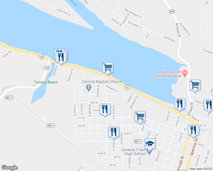 map of restaurants, bars, coffee shops, grocery stores, and more near 112 Gould Street in Lake Providence