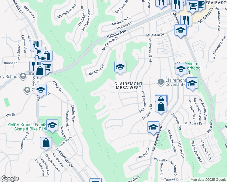 map of restaurants, bars, coffee shops, grocery stores, and more near 4862 Mount Almagosa Drive in San Diego