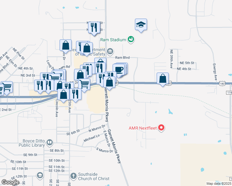 map of restaurants, bars, coffee shops, grocery stores, and more near 109 Garrett Morris Parkway in Mineral Wells