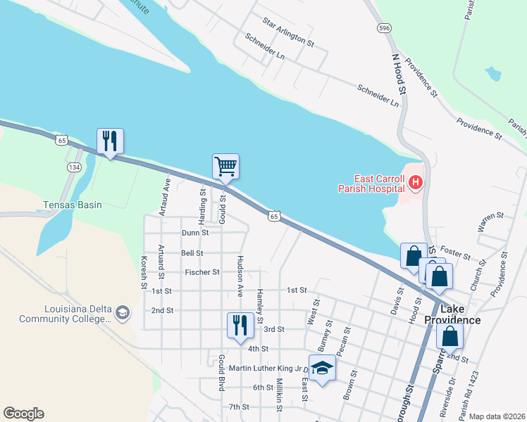 map of restaurants, bars, coffee shops, grocery stores, and more near Lake Street in Lake Providence