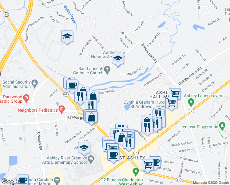 map of restaurants, bars, coffee shops, grocery stores, and more near 1833 Greenmore Drive in Charleston