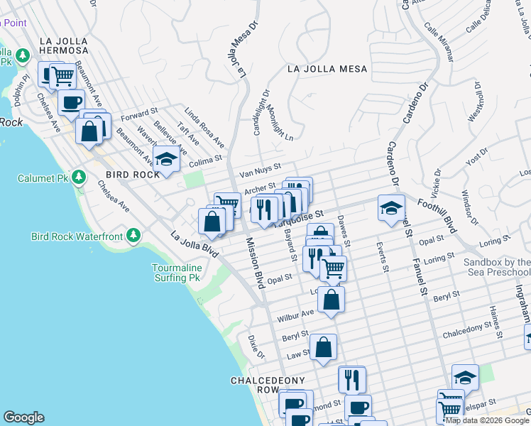 map of restaurants, bars, coffee shops, grocery stores, and more near 863 Agate Street in San Diego