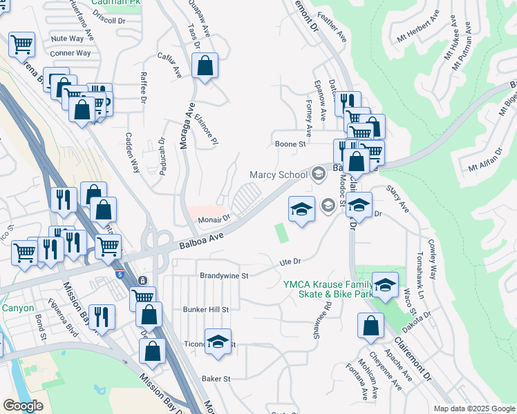 map of restaurants, bars, coffee shops, grocery stores, and more near 3766 Balboa Avenue in San Diego