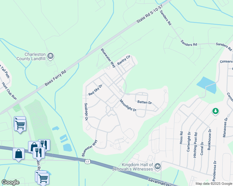 map of restaurants, bars, coffee shops, grocery stores, and more near 3193 Moonlight Drive in Charleston