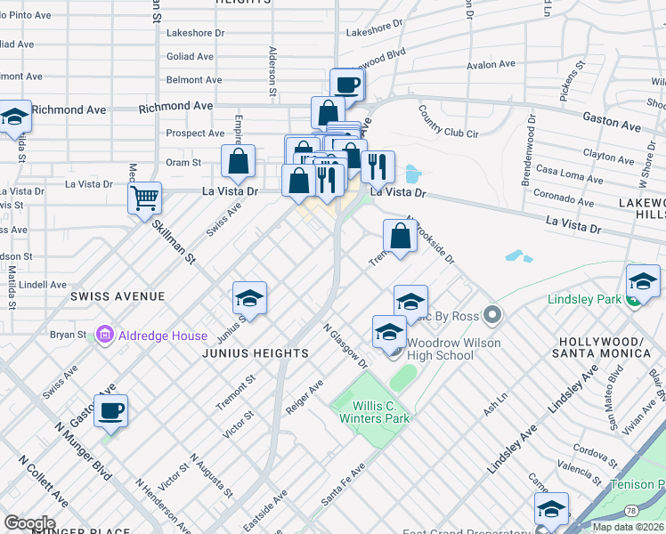 map of restaurants, bars, coffee shops, grocery stores, and more near 6110 Worth Street in Dallas