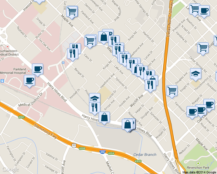 map of restaurants, bars, coffee shops, grocery stores, and more near 4527 Afton St in Dallas