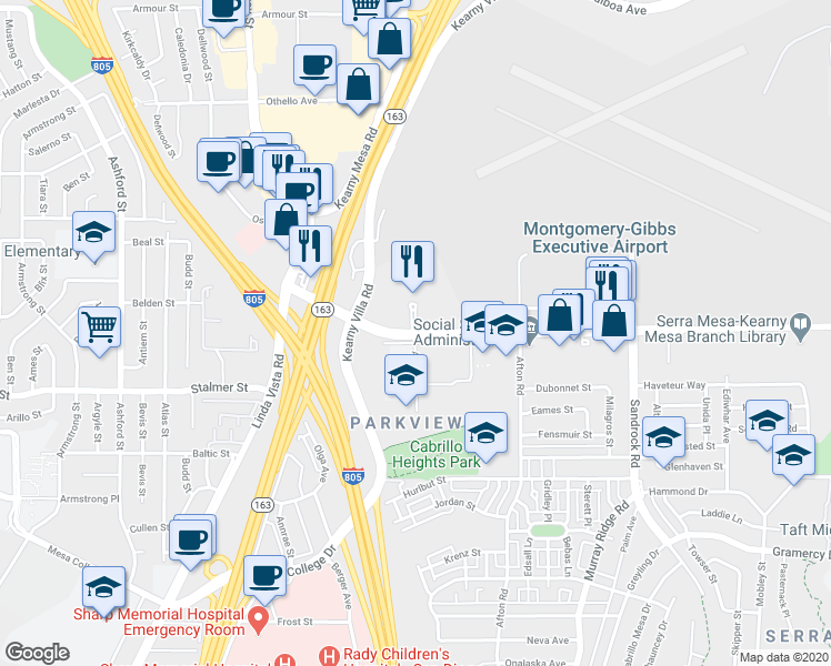 map of restaurants, bars, coffee shops, grocery stores, and more near Aero Dr & Aero Ct in San Diego