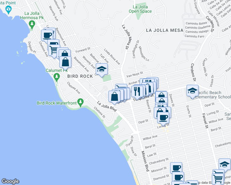 map of restaurants, bars, coffee shops, grocery stores, and more near 700 Agate Street in San Diego
