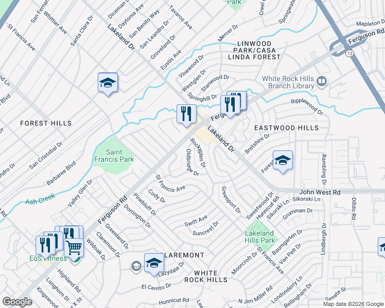 map of restaurants, bars, coffee shops, grocery stores, and more near 2343 Rockyglen Drive in Dallas