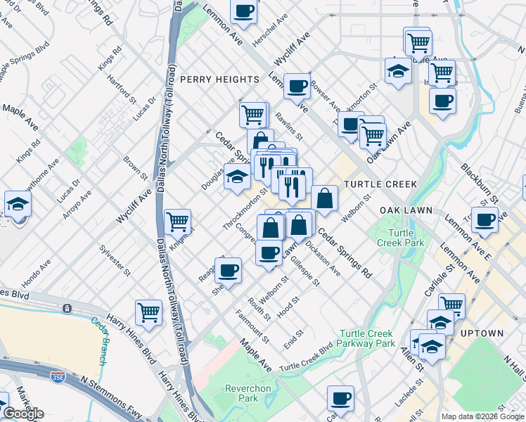 map of restaurants, bars, coffee shops, grocery stores, and more near 2915 Reagan Street in Dallas