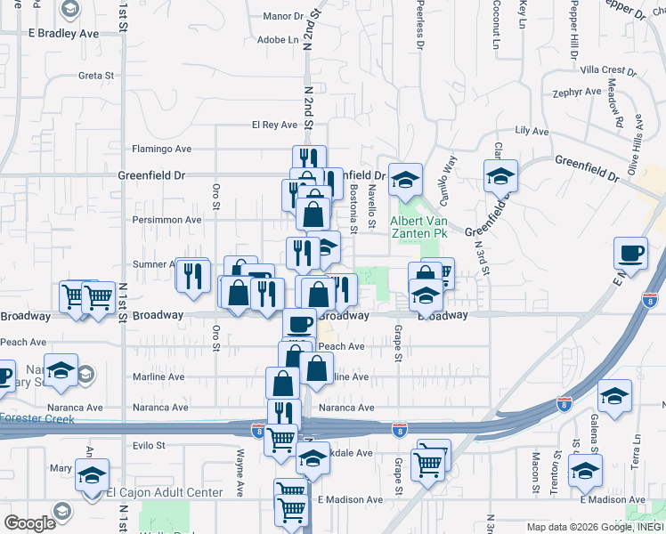 map of restaurants, bars, coffee shops, grocery stores, and more near 1088 Bostonia Street in El Cajon