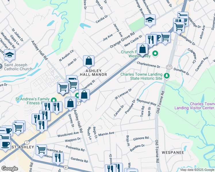 map of restaurants, bars, coffee shops, grocery stores, and more near 1527 Sam Rittenberg Boulevard in Charleston