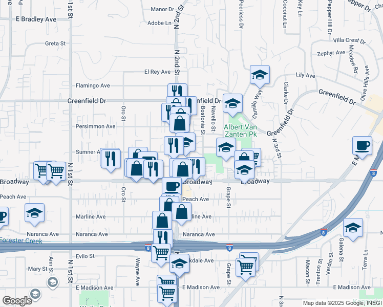 map of restaurants, bars, coffee shops, grocery stores, and more near 1088 Bostonia Street in El Cajon