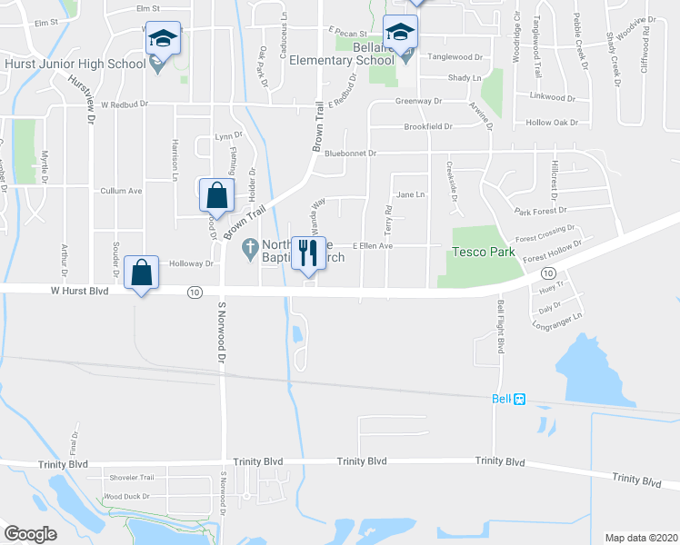 map of restaurants, bars, coffee shops, grocery stores, and more near 450 East Hurst Boulevard in Hurst