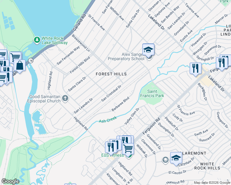 map of restaurants, bars, coffee shops, grocery stores, and more near 8224 San Cristobal Drive in Dallas