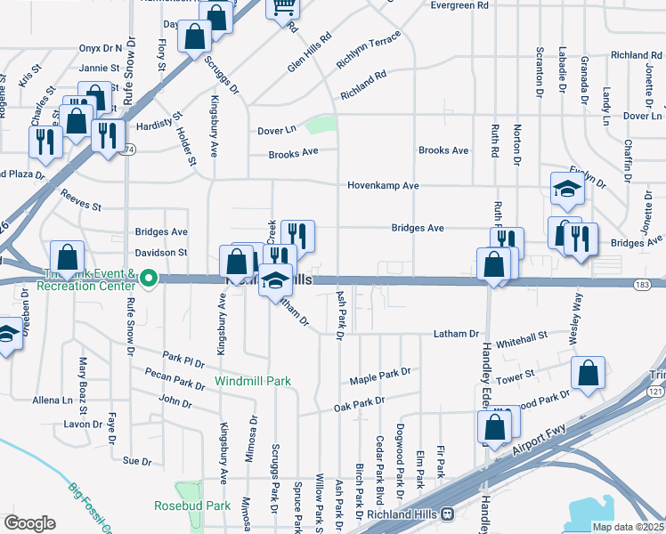 map of restaurants, bars, coffee shops, grocery stores, and more near 7085 Baker Boulevard in Richland Hills