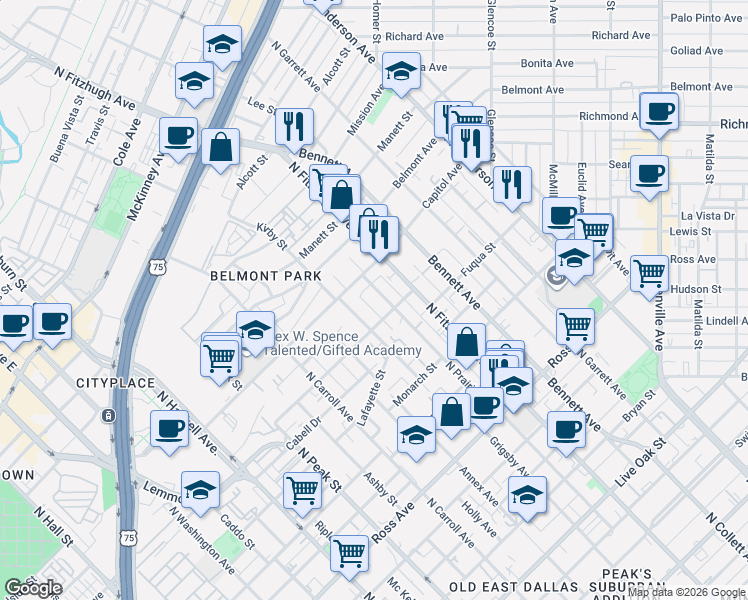 map of restaurants, bars, coffee shops, grocery stores, and more near 2324 Kirby Street in Dallas