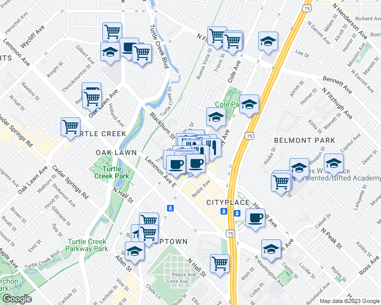 map of restaurants, bars, coffee shops, grocery stores, and more near Blackburn St & Cole Ave in Dallas