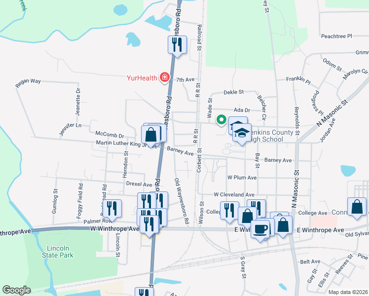 map of restaurants, bars, coffee shops, grocery stores, and more near 218 Grant Avenue in Millen