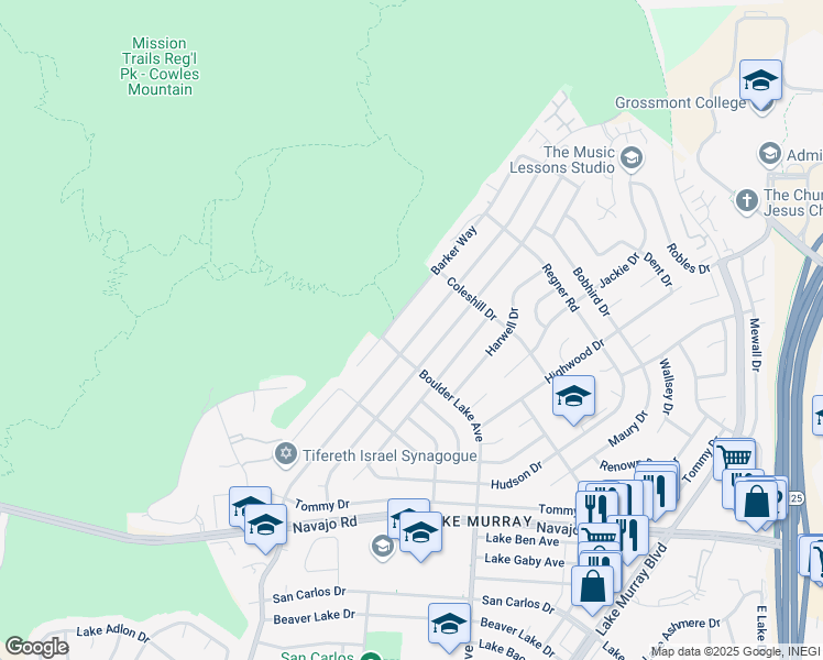 map of restaurants, bars, coffee shops, grocery stores, and more near 6921 Barker Way in San Diego