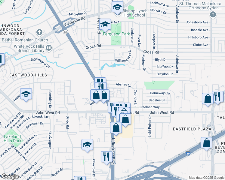 map of restaurants, bars, coffee shops, grocery stores, and more near 2966 Peavy Road in Dallas