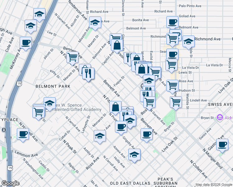map of restaurants, bars, coffee shops, grocery stores, and more near 101 Chambers Street in Dallas