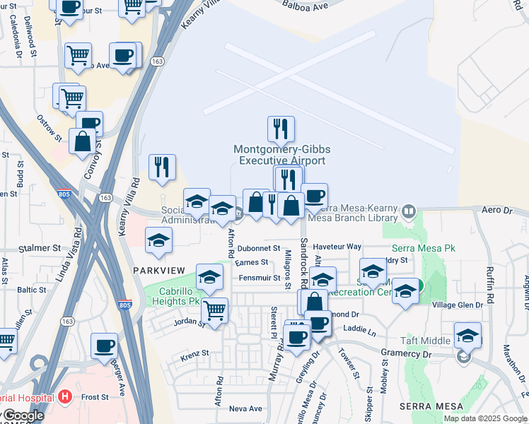 map of restaurants, bars, coffee shops, grocery stores, and more near 8583 Aero Drive in San Diego