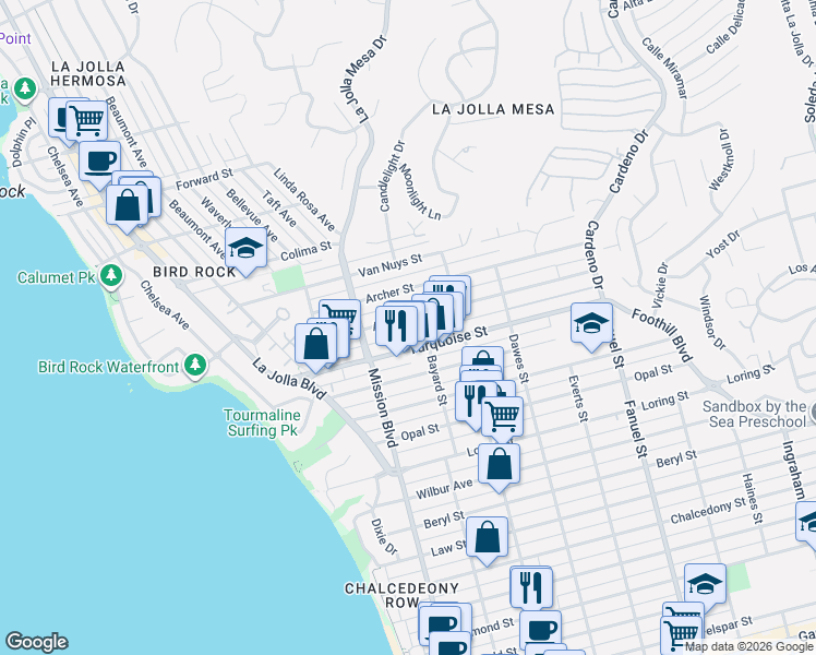 map of restaurants, bars, coffee shops, grocery stores, and more near in San Diego