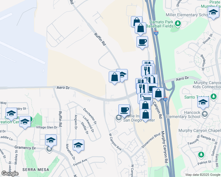 map of restaurants, bars, coffee shops, grocery stores, and more near 9606 Aero Drive in San Diego