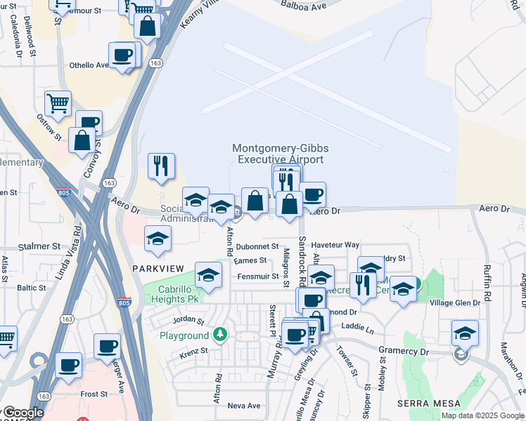 map of restaurants, bars, coffee shops, grocery stores, and more near 8583 Aero Drive in San Diego