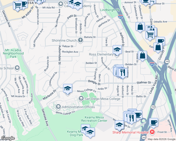 map of restaurants, bars, coffee shops, grocery stores, and more near 7112 Malta Street in San Diego