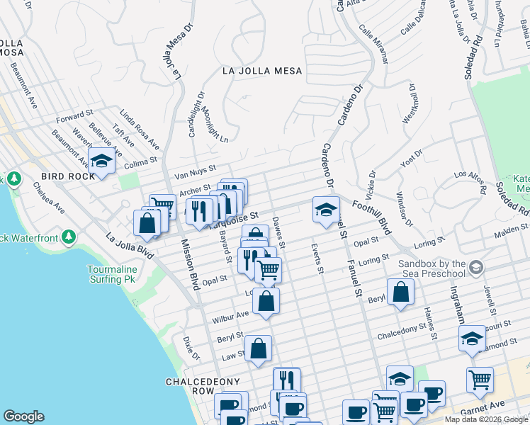 map of restaurants, bars, coffee shops, grocery stores, and more near 1103 Turquoise Street in San Diego