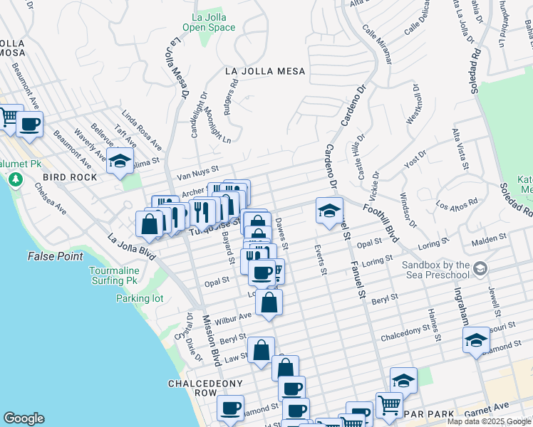 map of restaurants, bars, coffee shops, grocery stores, and more near 1025 Turquoise Street in San Diego
