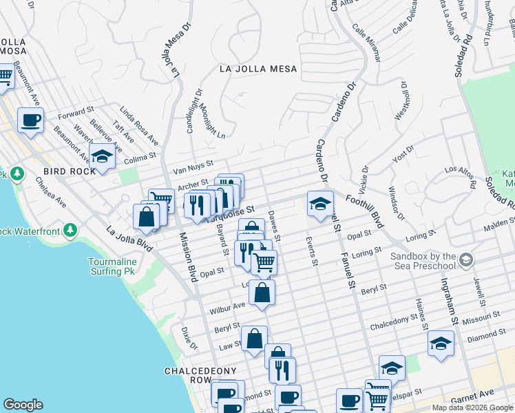 map of restaurants, bars, coffee shops, grocery stores, and more near 1025 Turquoise Street in San Diego