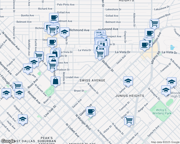 map of restaurants, bars, coffee shops, grocery stores, and more near 6035 Bryan Parkway in Dallas