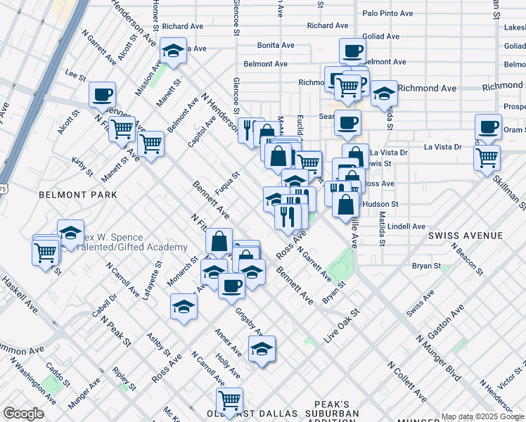 map of restaurants, bars, coffee shops, grocery stores, and more near 1820 North Garrett Avenue in Dallas