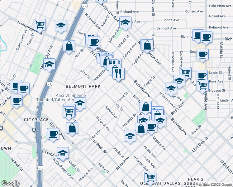 map of restaurants, bars, coffee shops, grocery stores, and more near 2324 Kirby Street in Dallas